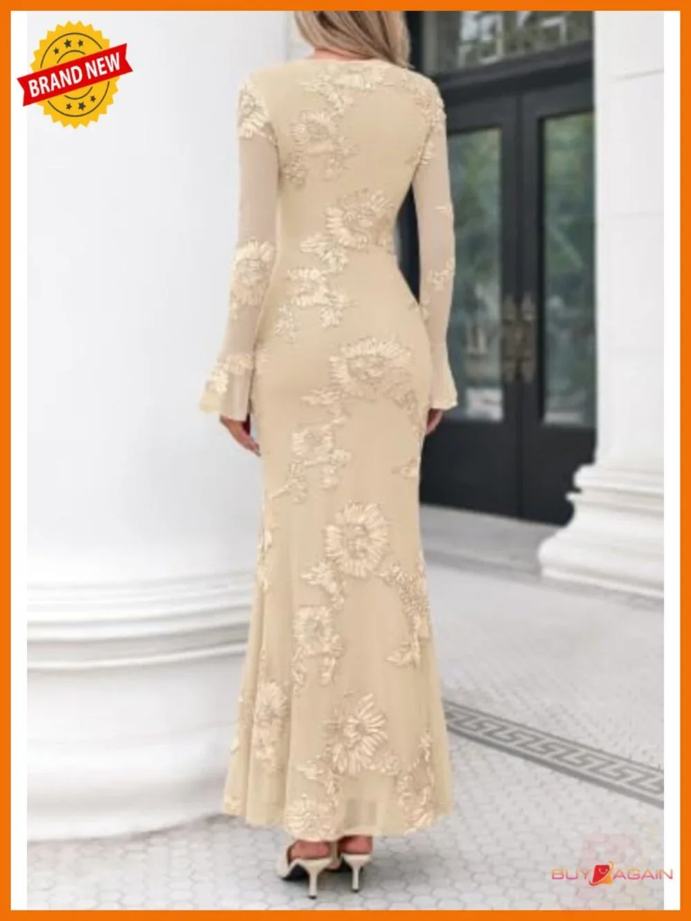 Women's Floral Mesh Maxi Bodycon Dress Bell Sleeve Party